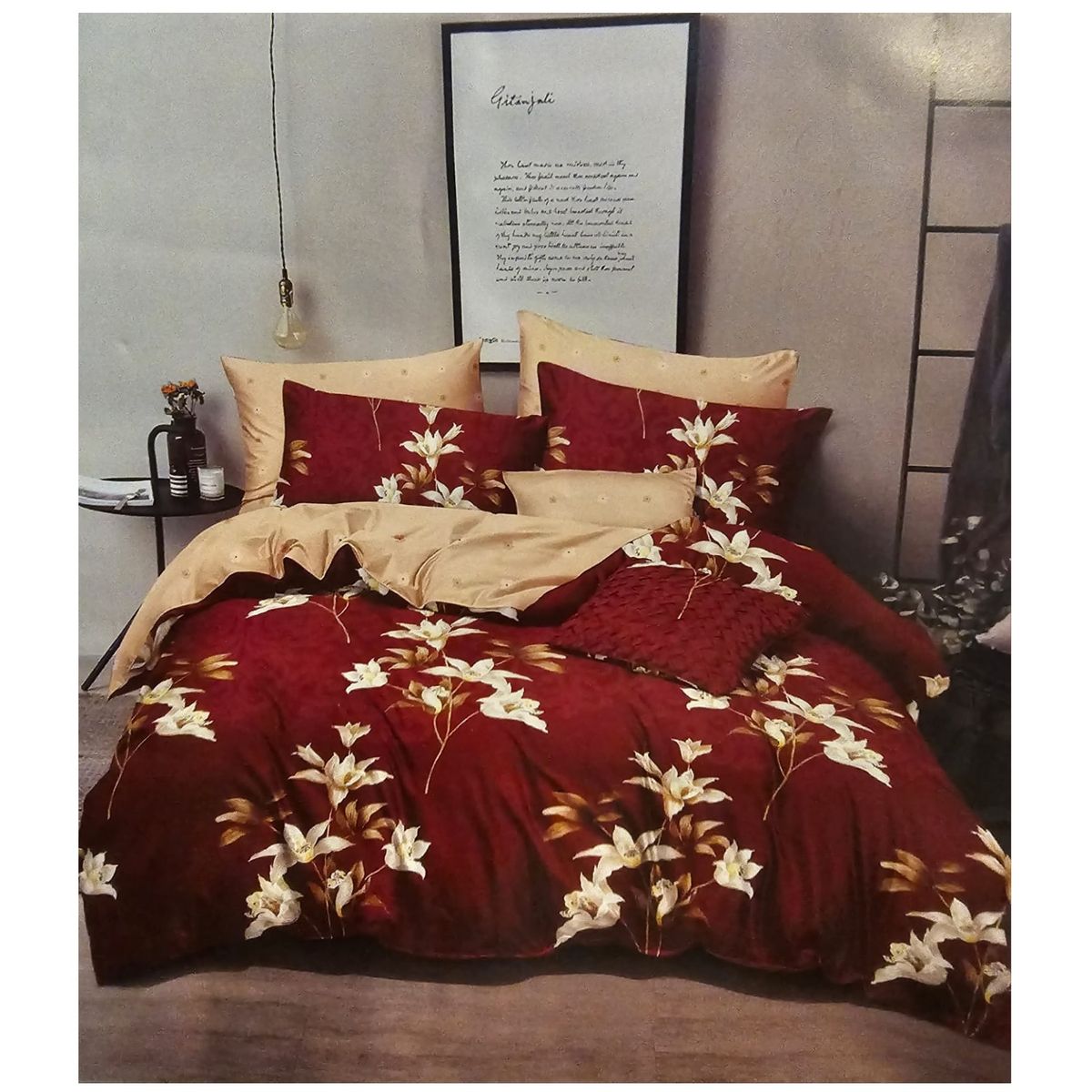 GENERICO - Juego de Sabanas 2 plazas + Fundas para almohada - Burdeo Flores