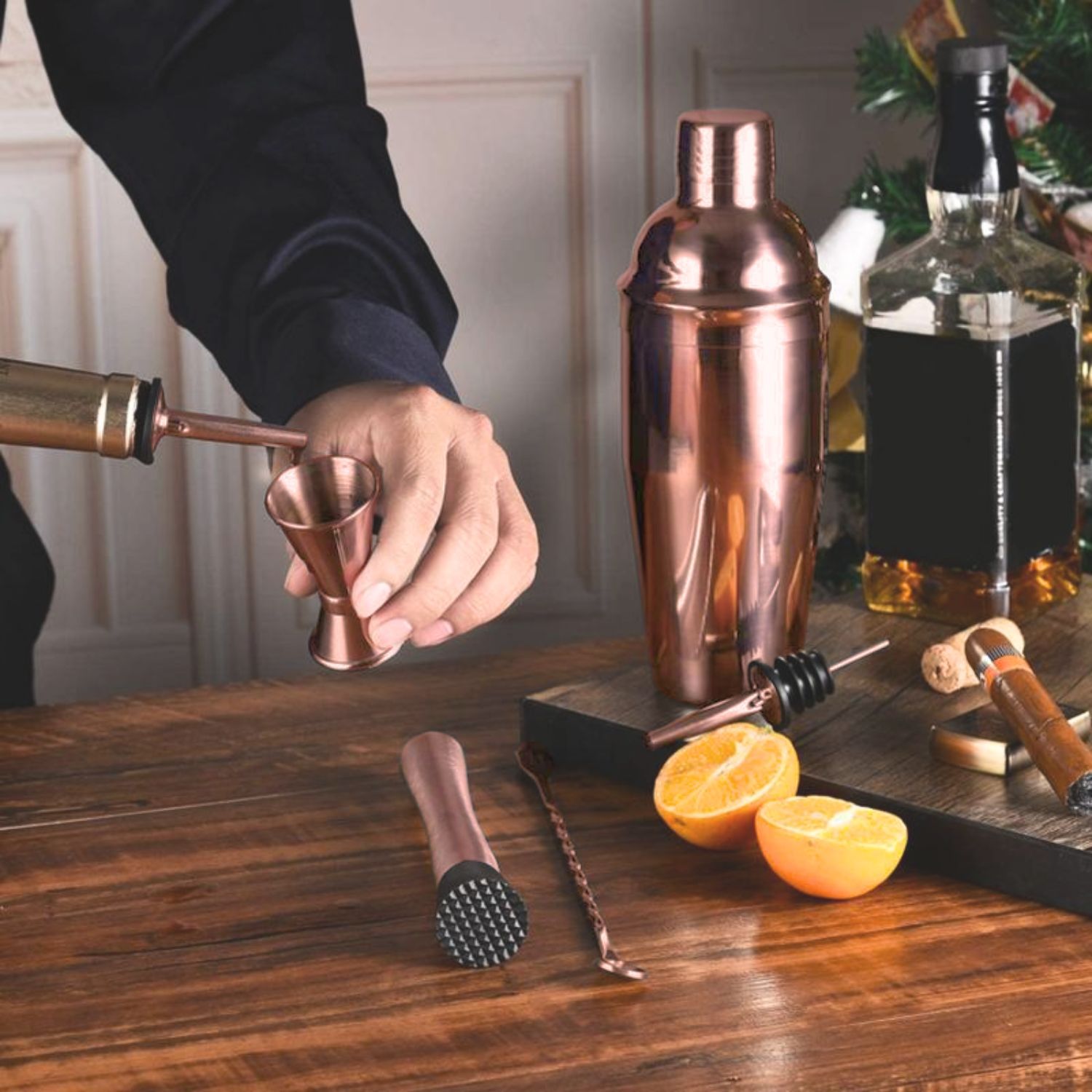 Kit De Bartender Oak & Steel – 10 Piezas En Oro Rosa, Incluye Coctelera, Medidor, Colador Y Más