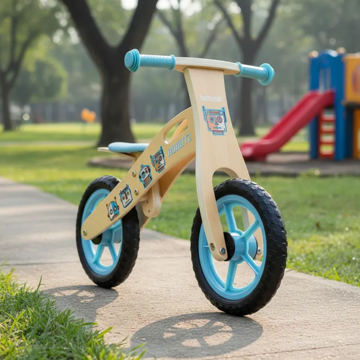 BEBESIT - Bicicleta De Equilibrio Aprendizaje Madera Robot Celeste
