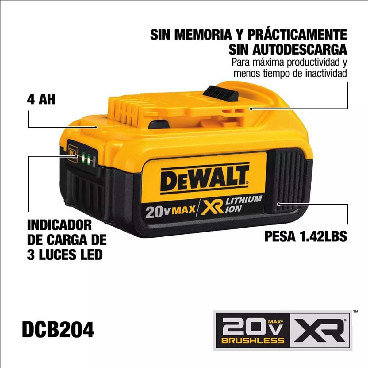 DEWALT - Batería Ion De Litio Dewalt 20 V 4.0 Ah Mod: Dcb204-b3