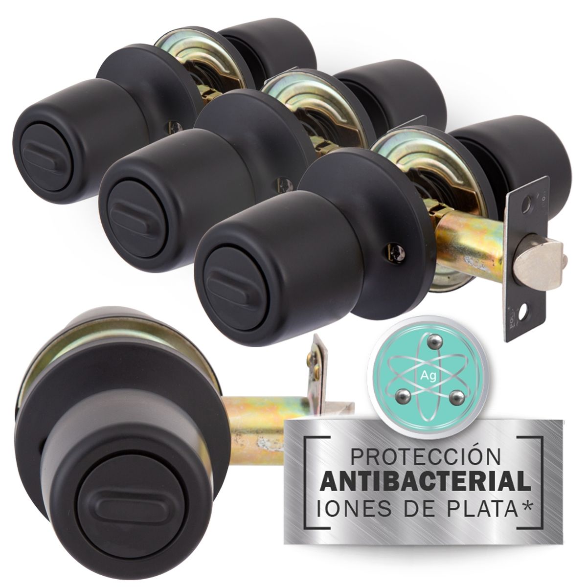 POLI - Pack Cerradura Pomo Poli Antibacterial Baño/Dormitorio Negro