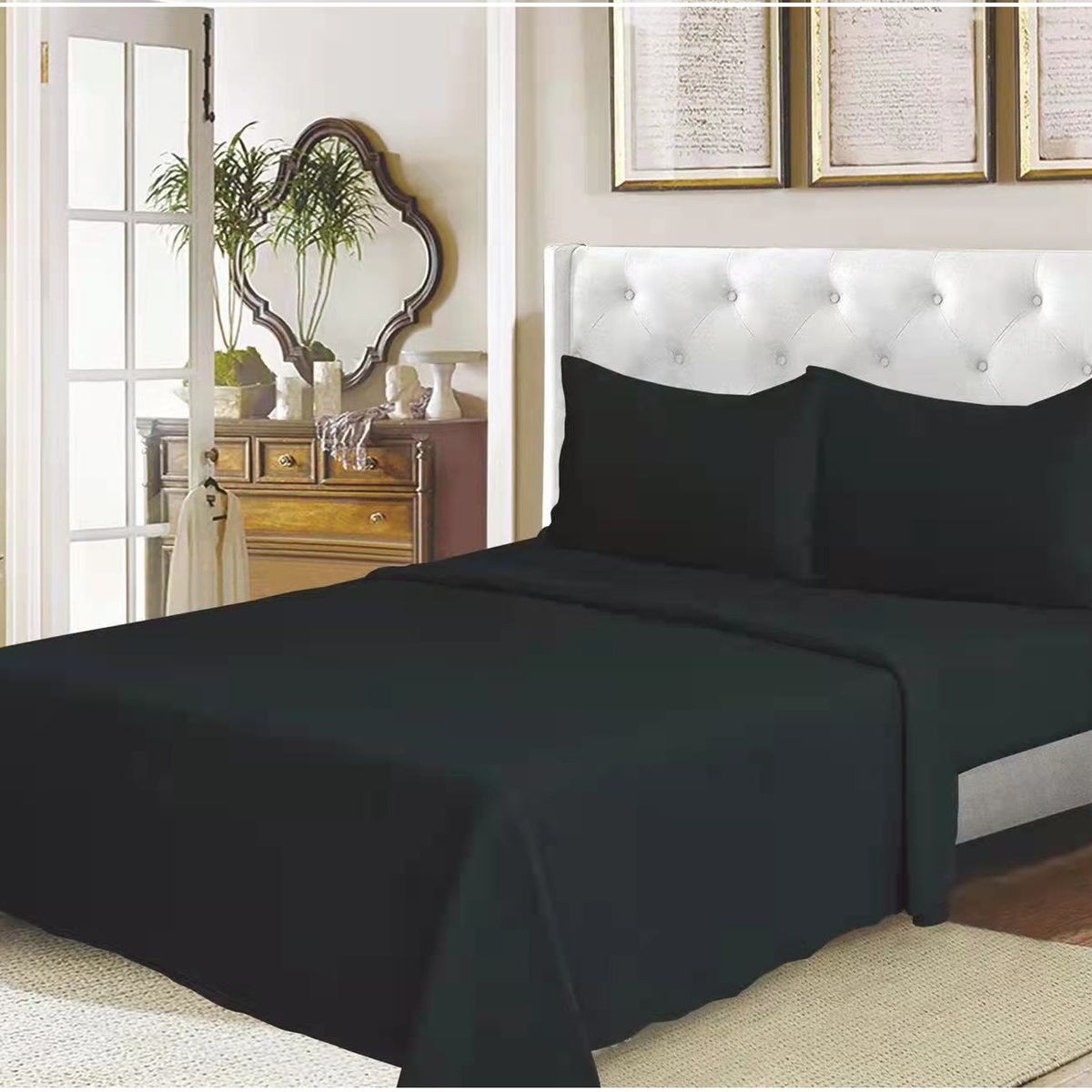 GENERICO - Juego de Sabanas 1,5 PLAZA con Fundas para Almohada - Color Negro