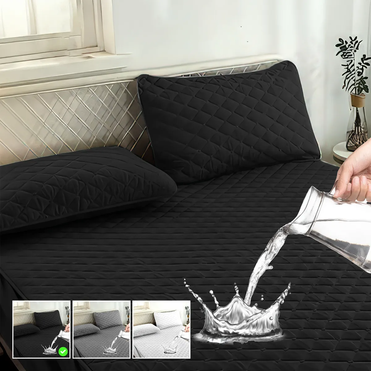 GENERICO - Cubre Colchon impermeable 2 Pl + gratis 2 fundas almohadas - Negro