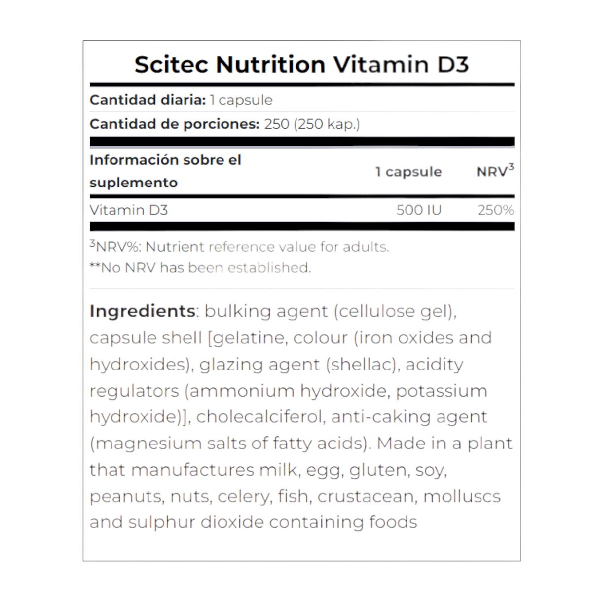 SCITEC NUTRITION - Vitamina D3 250 cápsulas - Scitec Nutrition