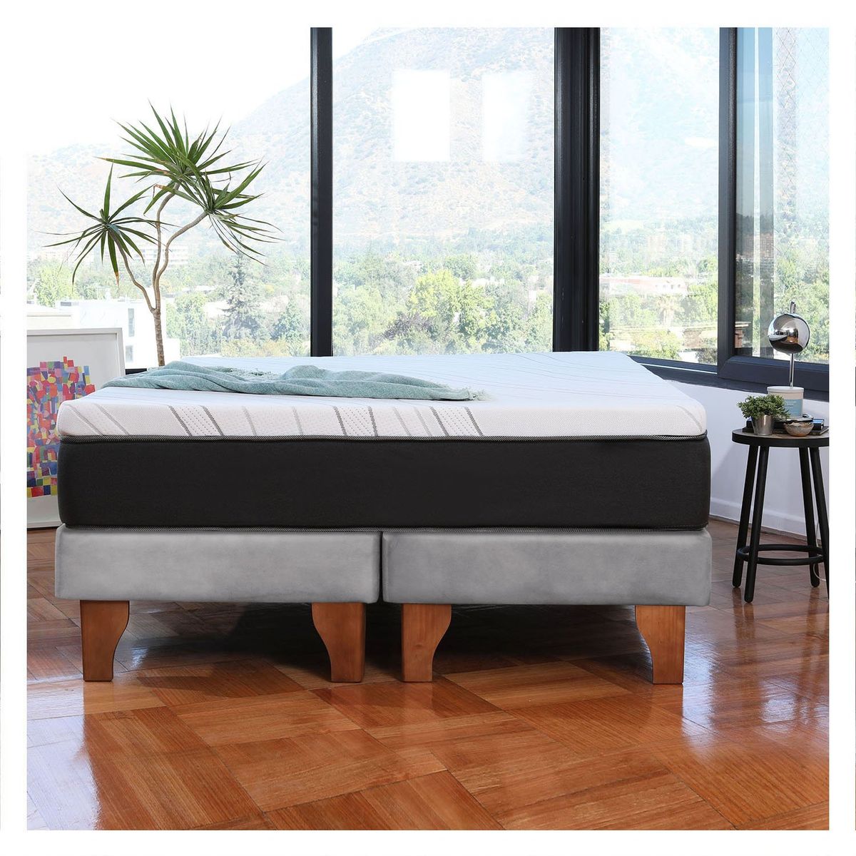 LATAM HOME - Cama Europea Zen Top Foam Hybrid Tela Velvet Gris 2 Plazas