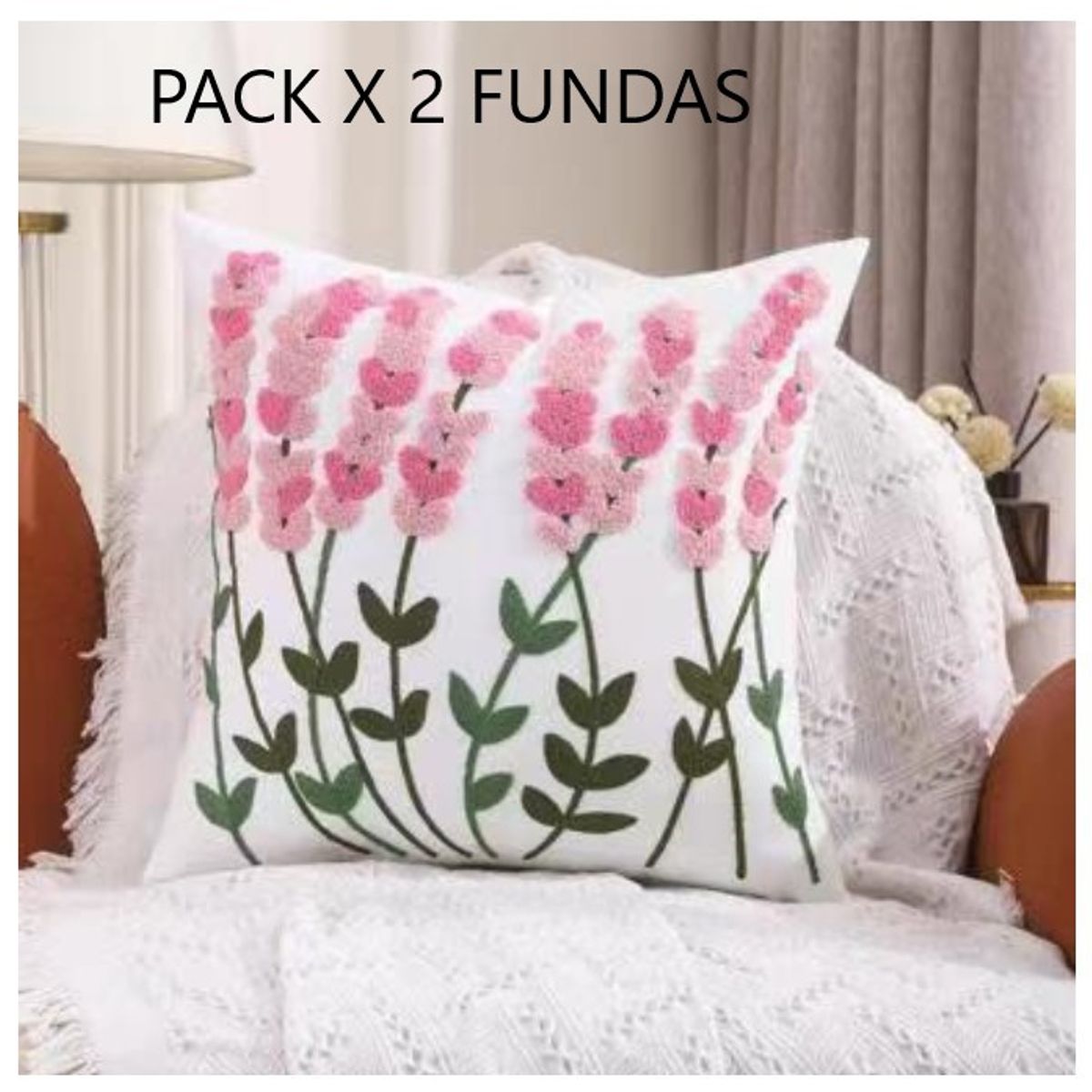 COMPRAPO - Set 2 Fundas para Cojín Bordado Flor Rosé 45x45 cm
