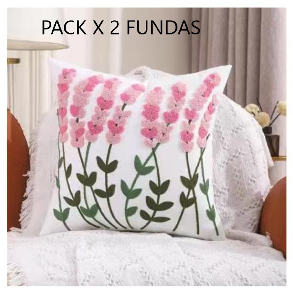 COMPRAPO - Set 2 Fundas para Cojín Bordado Flor Rosé 45x45 cm