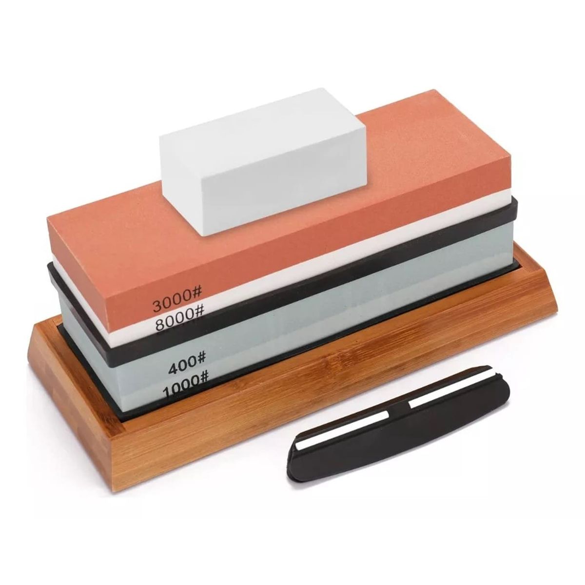 GENERICO - Set Piedras Afilar Cuchillos Afilador Tijera Base Bambú Con Guía