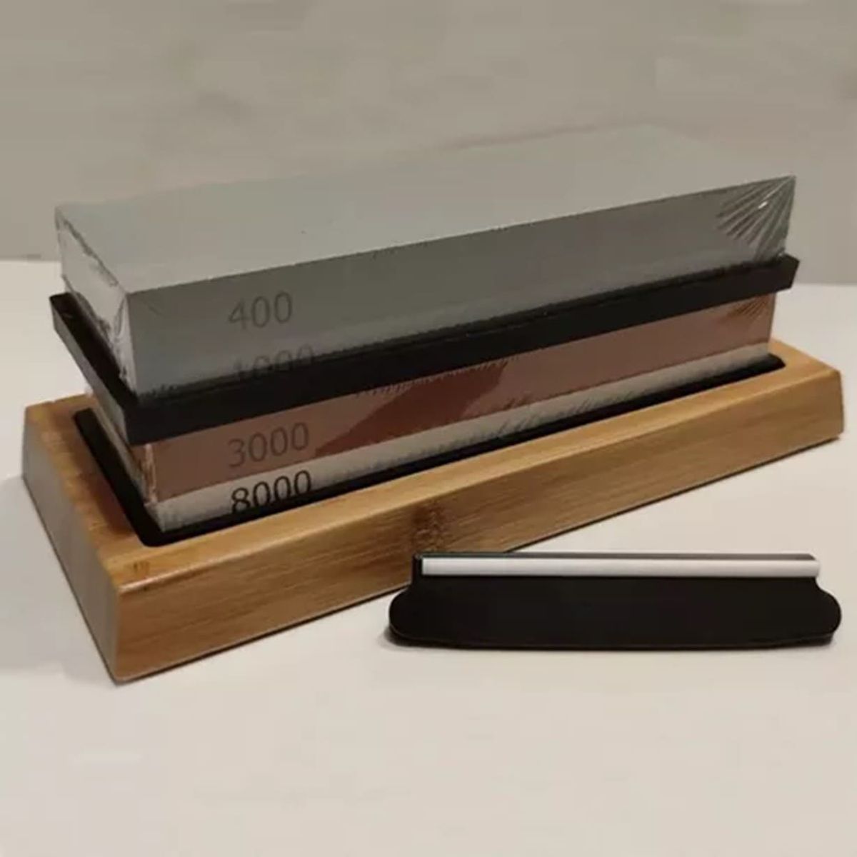 GENERICO - Set Piedras Afilar Cuchillos Afilador Tijera Base Bambú Con Guía