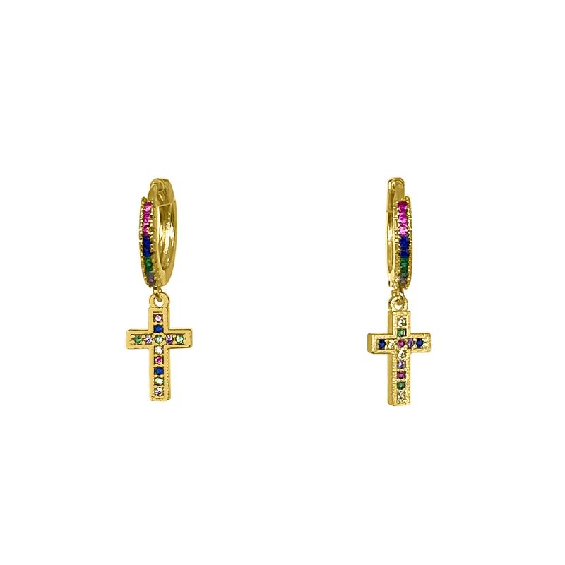 ANDREA COGGIOLA JOYAS - Aros Argolla Cintillo Cruz Colores Enchapado Oro 18K