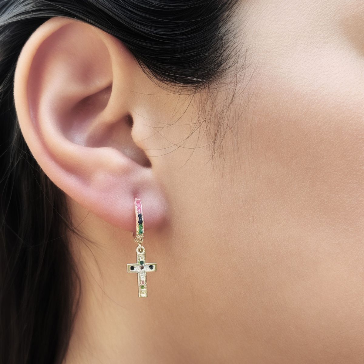 COGGIOLA - Aros Argolla Cintillo Cruz Colores Enchapado Oro 18K