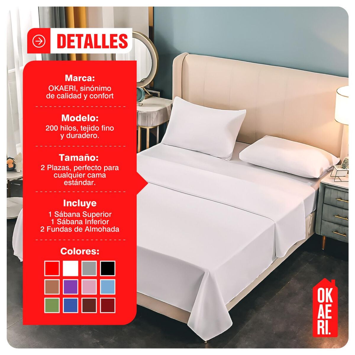 GENERICO - Juego De Sábana 200 Hilos Okaeri - 4 Piezas - Celeste - 2 plazas