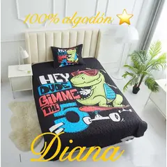 GENERICO - CUBRECAMA DE NIÑO TELA QUILT DE VERANO 1.5 PLAZA DISEÑO DINO PATÍN REX