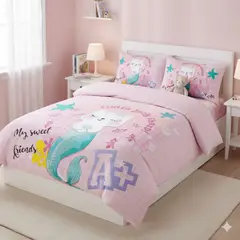 GENERICO - CUBRECAMA DE NIÑA QUILT DE VERANO 1.5 PLAZA DELGADO CON DISEÑO DE ROSA GATITA SIRENA