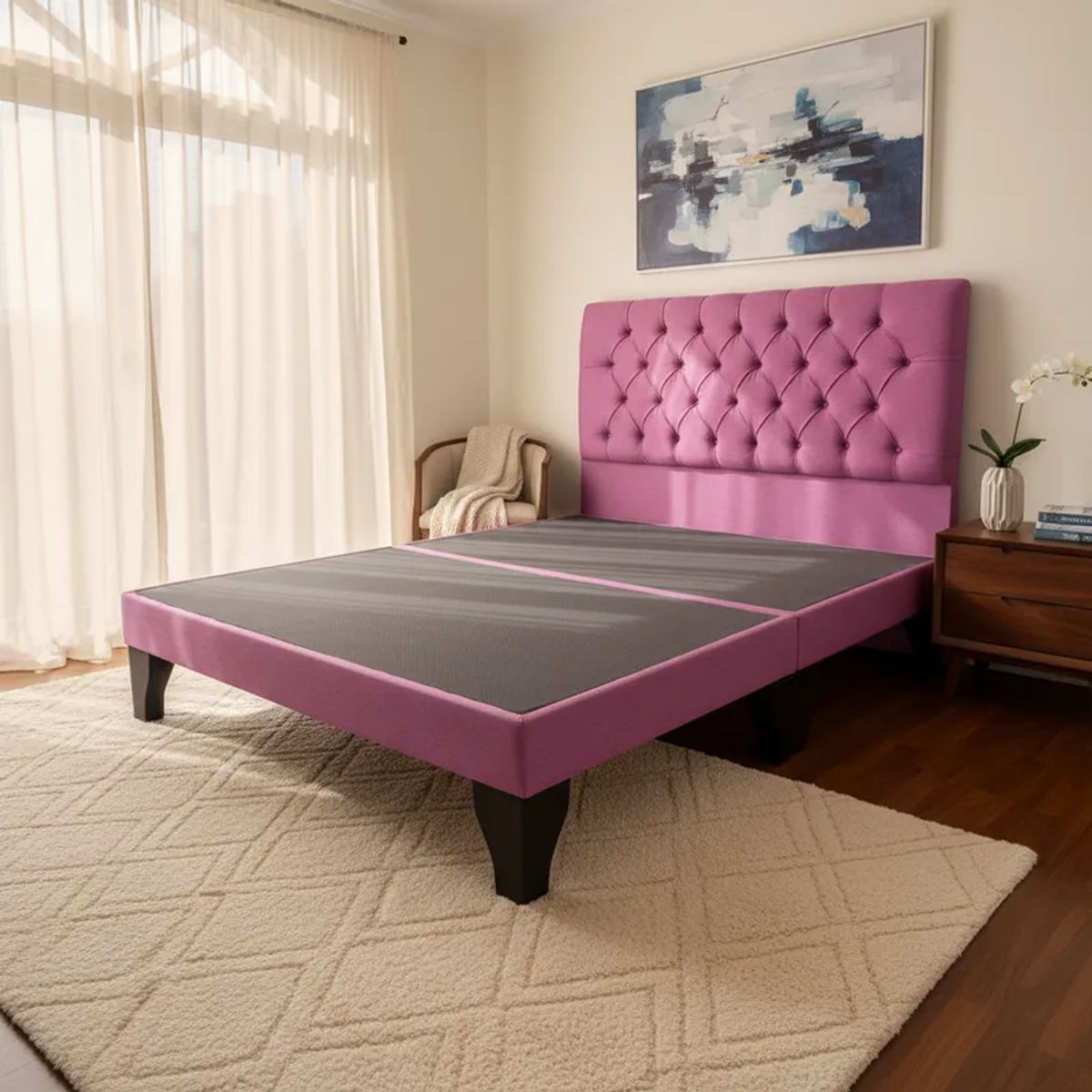 FLOBAL - Cama Europea 2 Plazas Base Dividida + Respaldo Capitones Rosa