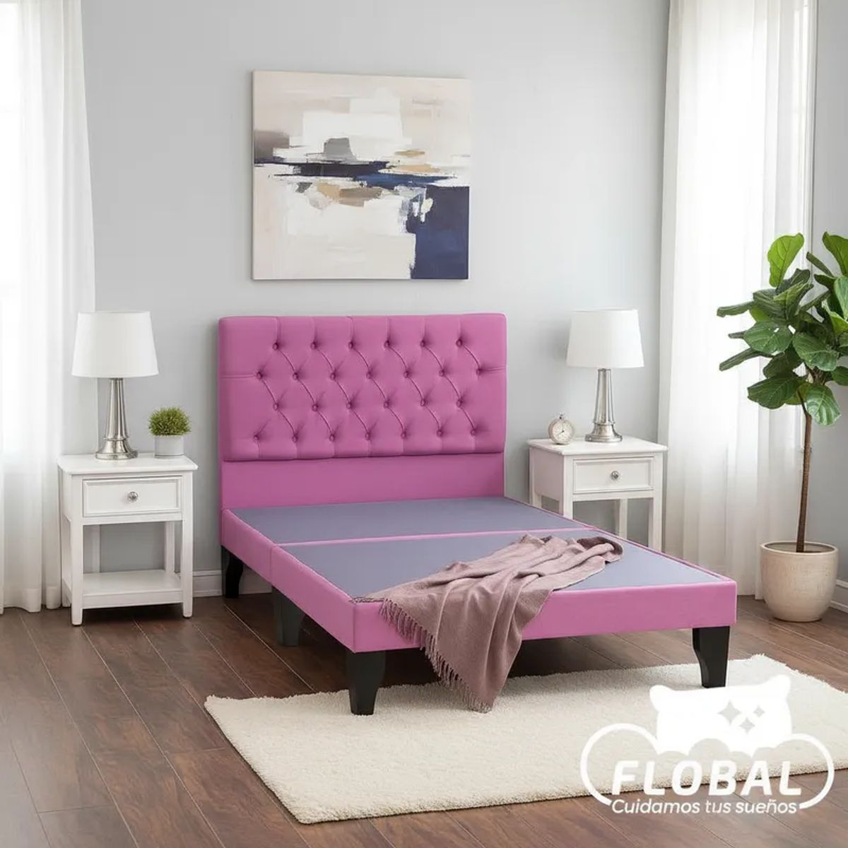 FLOBAL - Cama Europea 2 Plazas Base Dividida + Respaldo Capitones Rosa