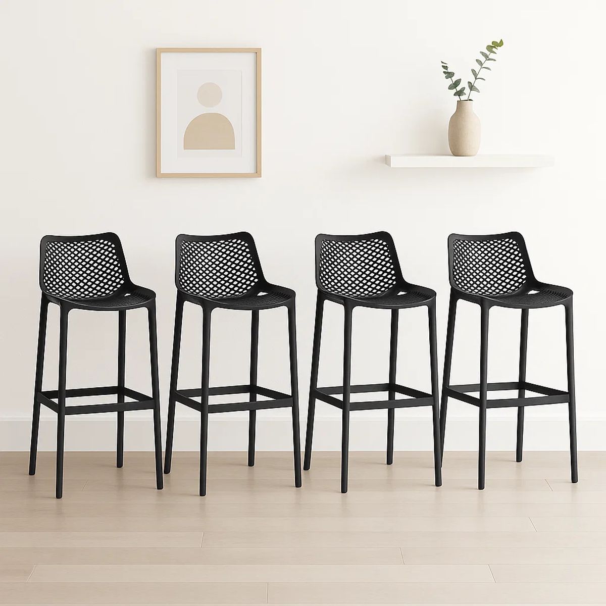 KLIK - Pack 4 Taburetes Sillas Piso Bar Altura con Respaldo Air Berlín Negros