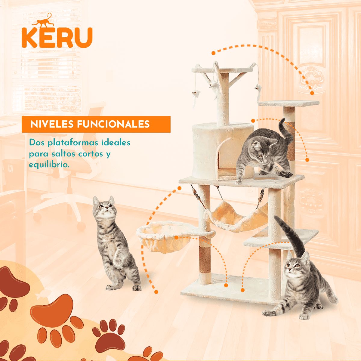 KERU - Torre Castillo y Rascador Para Gatos Interactivo Beige