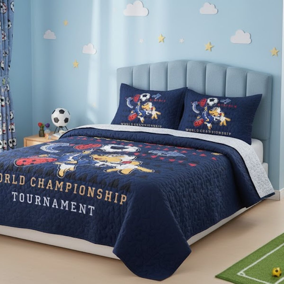 GENERICO - CUBRECAMA DE NIÑOS QUILT DE VERANO DELGADO DISEÑO AZUL FUTBOL 1.5 PLAZA