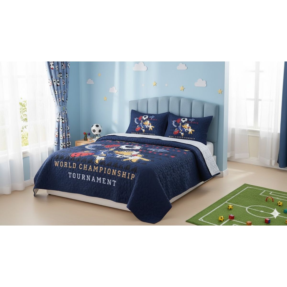 GENERICO - CUBRECAMA DE NIÑOS QUILT DE VERANO DELGADO DISEÑO AZUL FUTBOL 1.5 PLAZA