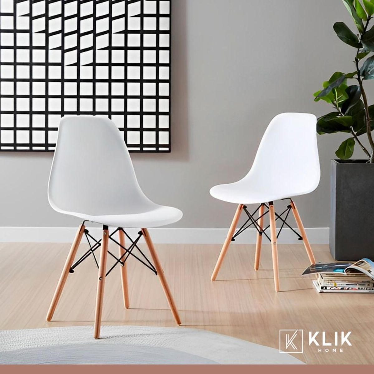KLIK - Comedor Mesa de 120x80 Rectangular Blanca + 6 Sillas Eames - Blancas