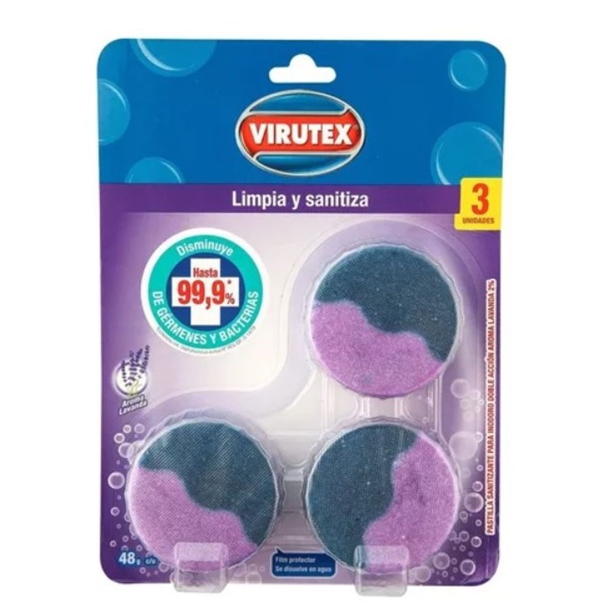 GENERICO - Pack 3 Pastilla Limpieza Baño Inodoro Virutex Lavanda 48 Gr