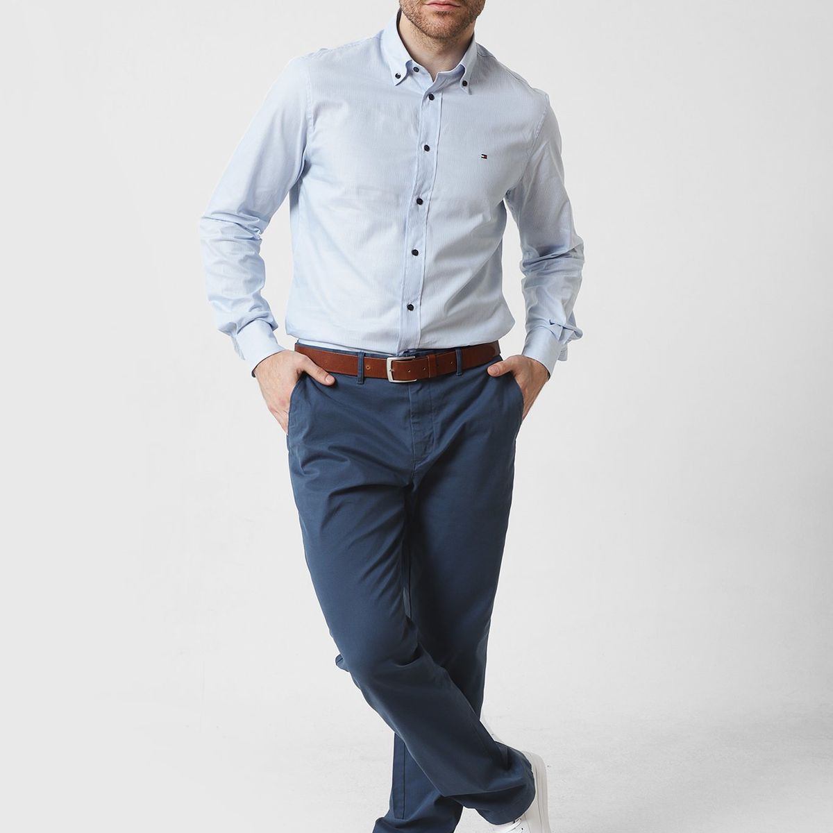 TOMMY HILFIGER - Camisa Hairline A Rayas Regular Fit Celeste Tommy Hilfiger