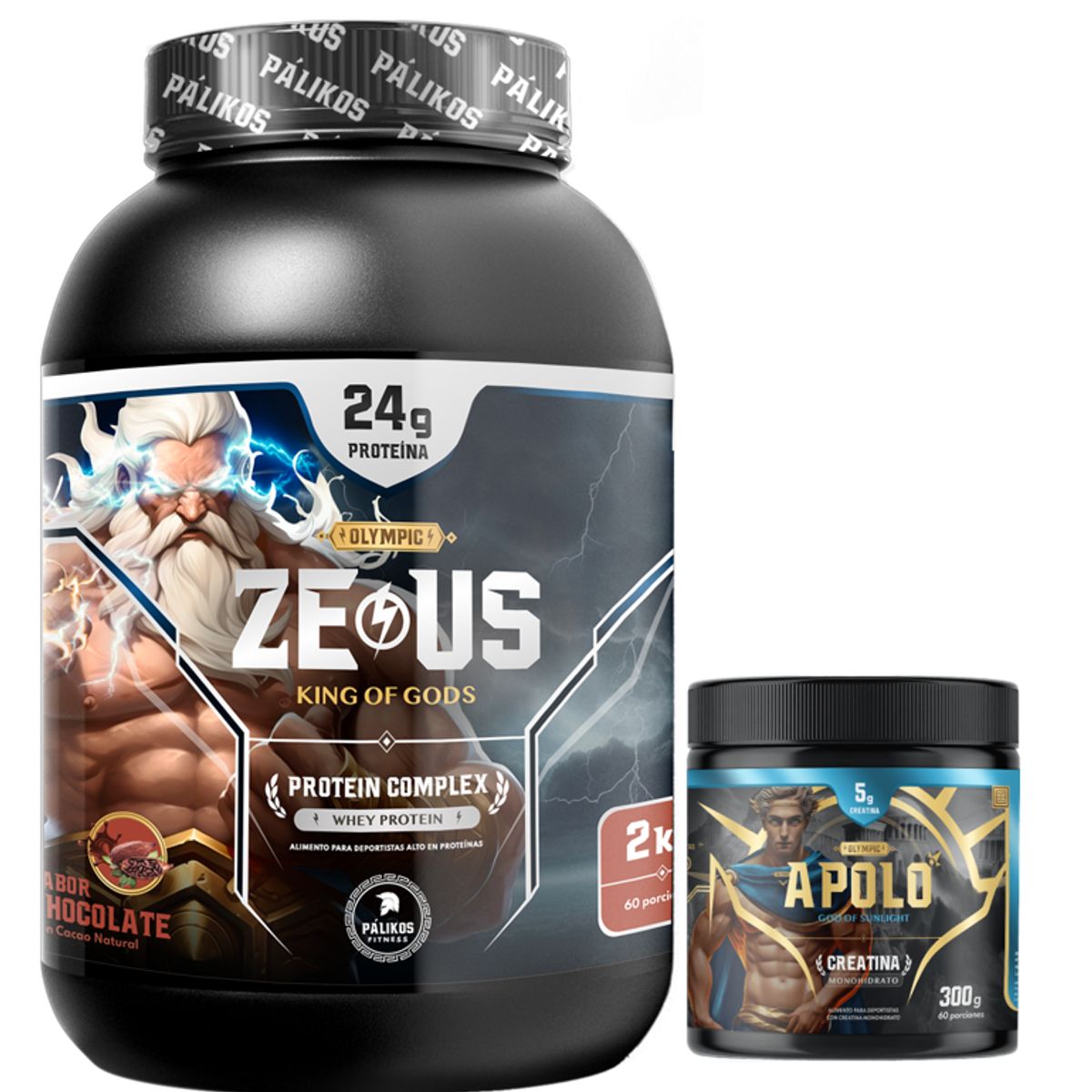 PALIKOS FITNESS - PACK WARRIOR Proteina Zeus COMPLEX 2kg  Chocolate Creatina Apolo 300g.