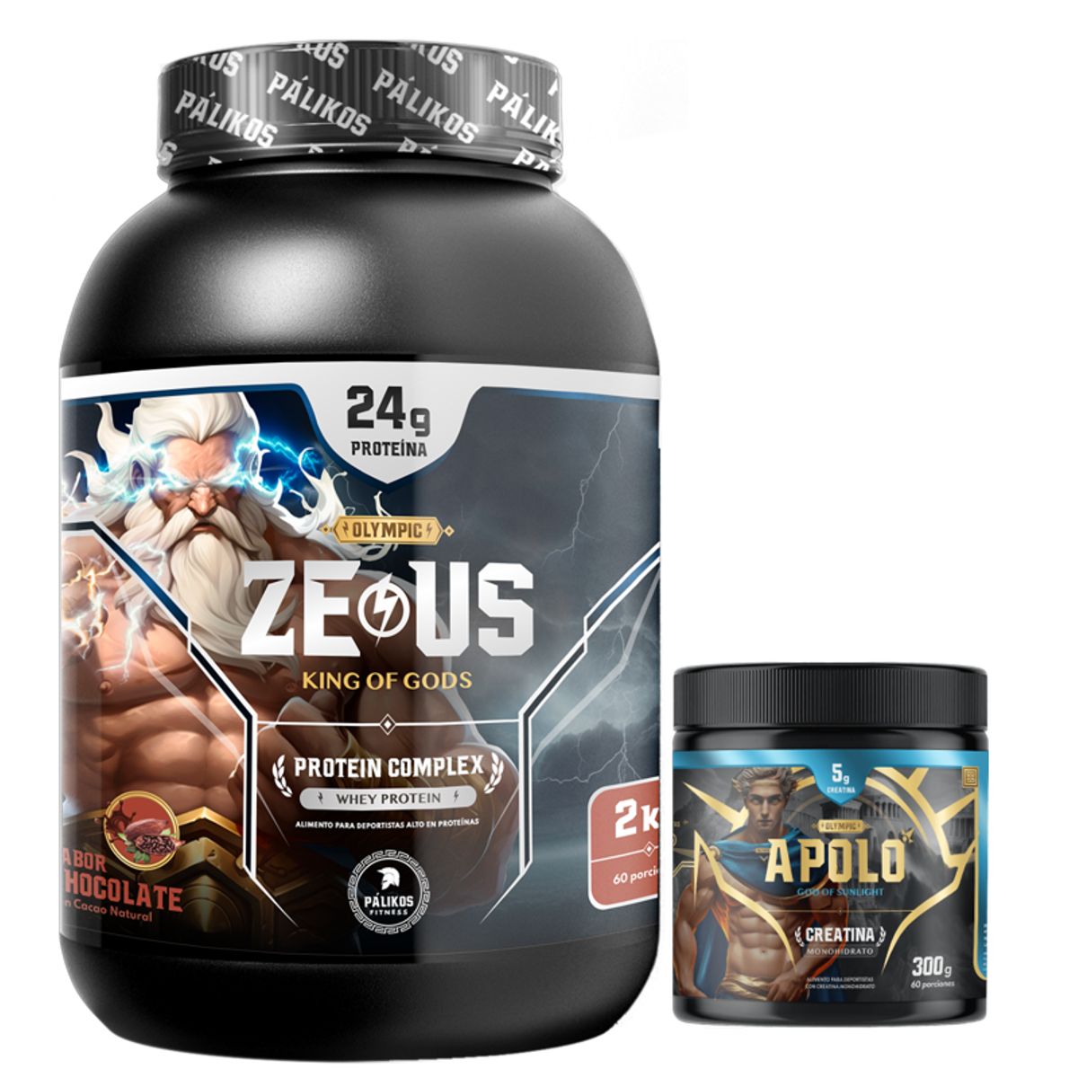 PALIKOS FITNESS - PACK WARRIOR Proteina Zeus COMPLEX 2kg  Chocolate Creatina Apolo 300g.