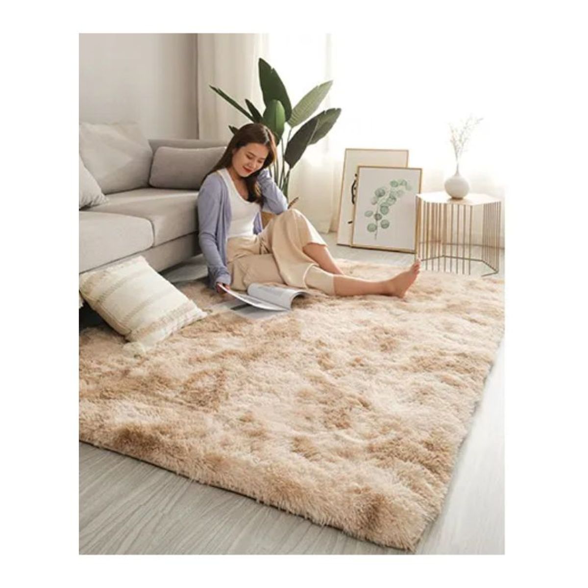 GENERICO - Alfombra Peluda Para Living  Tipo Shaggy Beige Jaspeado 240x200cm