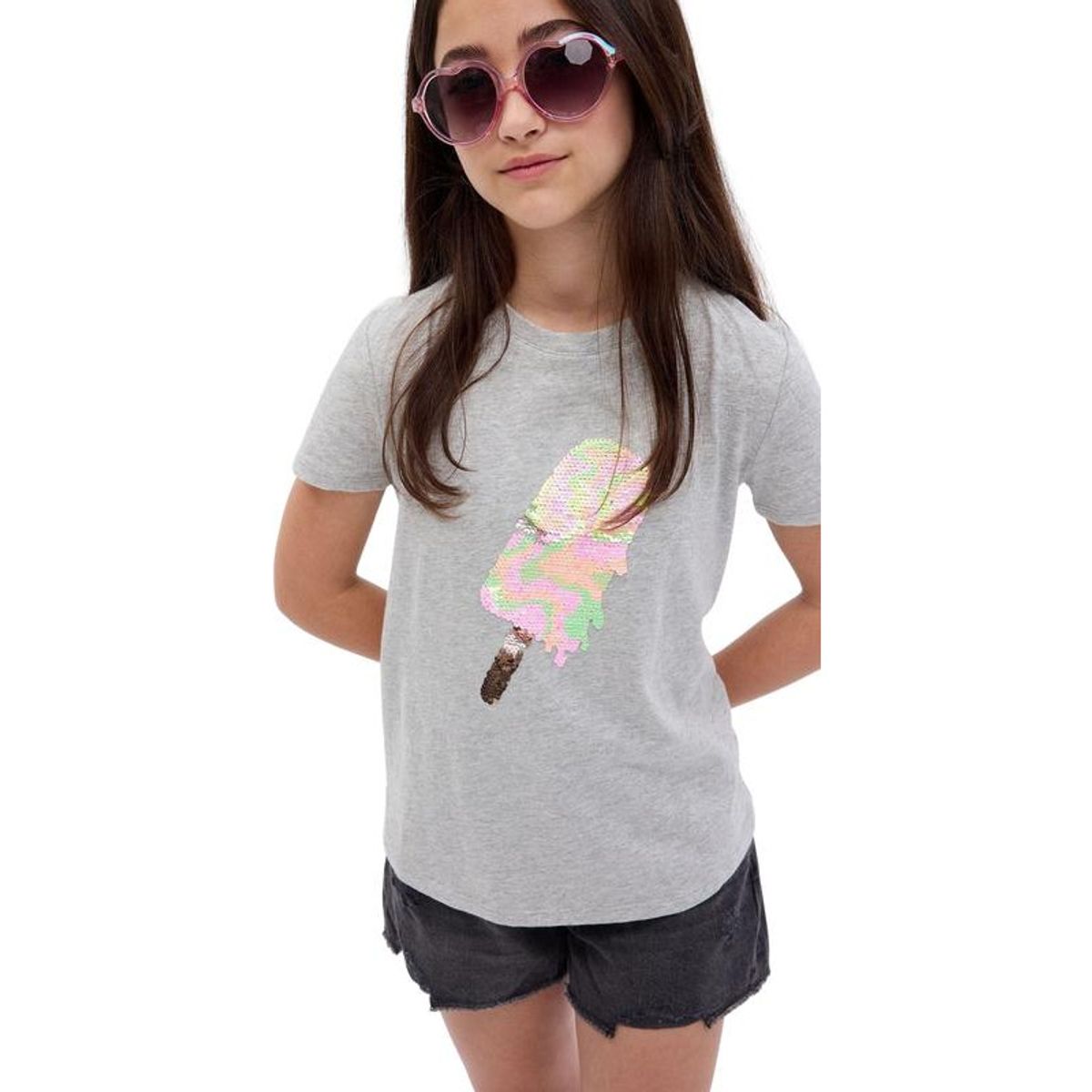 GAP - Polera Niña Gap Gráfica Flippy Lentejuelas Manga Corta Gris
