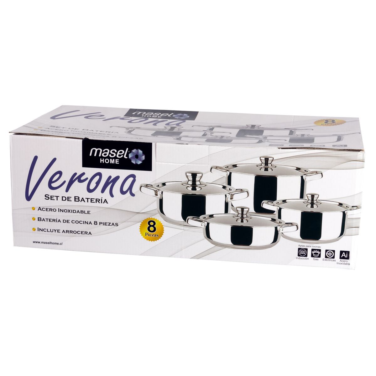 MASEL - Batería de cocina  Verona 8 piezas Silver- Acero Inoxidable