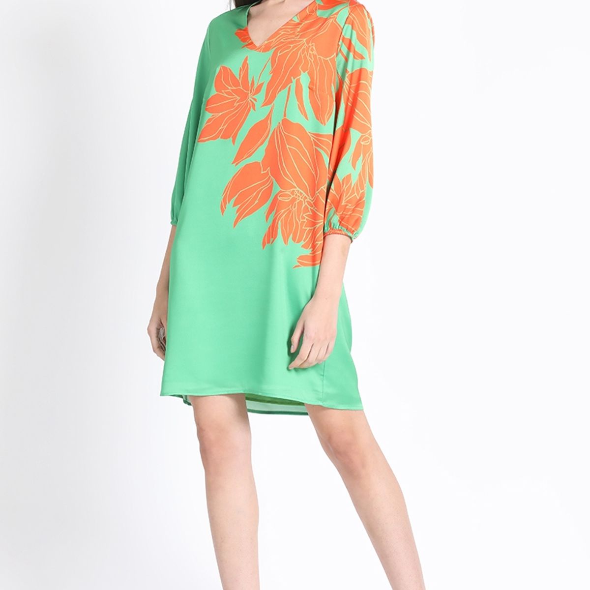 LIOLA - Vestido Recto Satin Estampado, Verde Liola