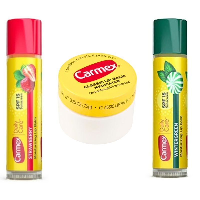 CARMEX - Mix de 3 Carmex Bálsamo Labial: 1 Carmex Clásico formato pote, 1 Carmex sabor Strawberry y Carmex sabor Wintergreen.