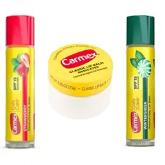 CARMEX - Mix de 3 Bálsamo Labial: 1 Clásico formato pote, 1 sabor Strawberry y sabor Wintergreen.