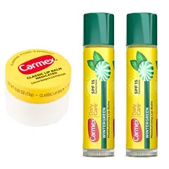 CARMEX - Mix de 3 Bálsamo Labial: 1 Clásico formato pote, 2 sabor Wintergreen.