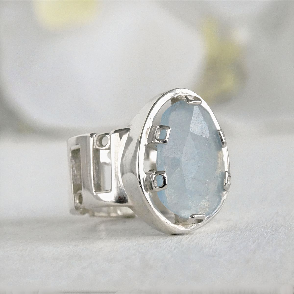 GENERICO - TALLA 12: Anillo solitario de plata 950 con aguamarina para mujer