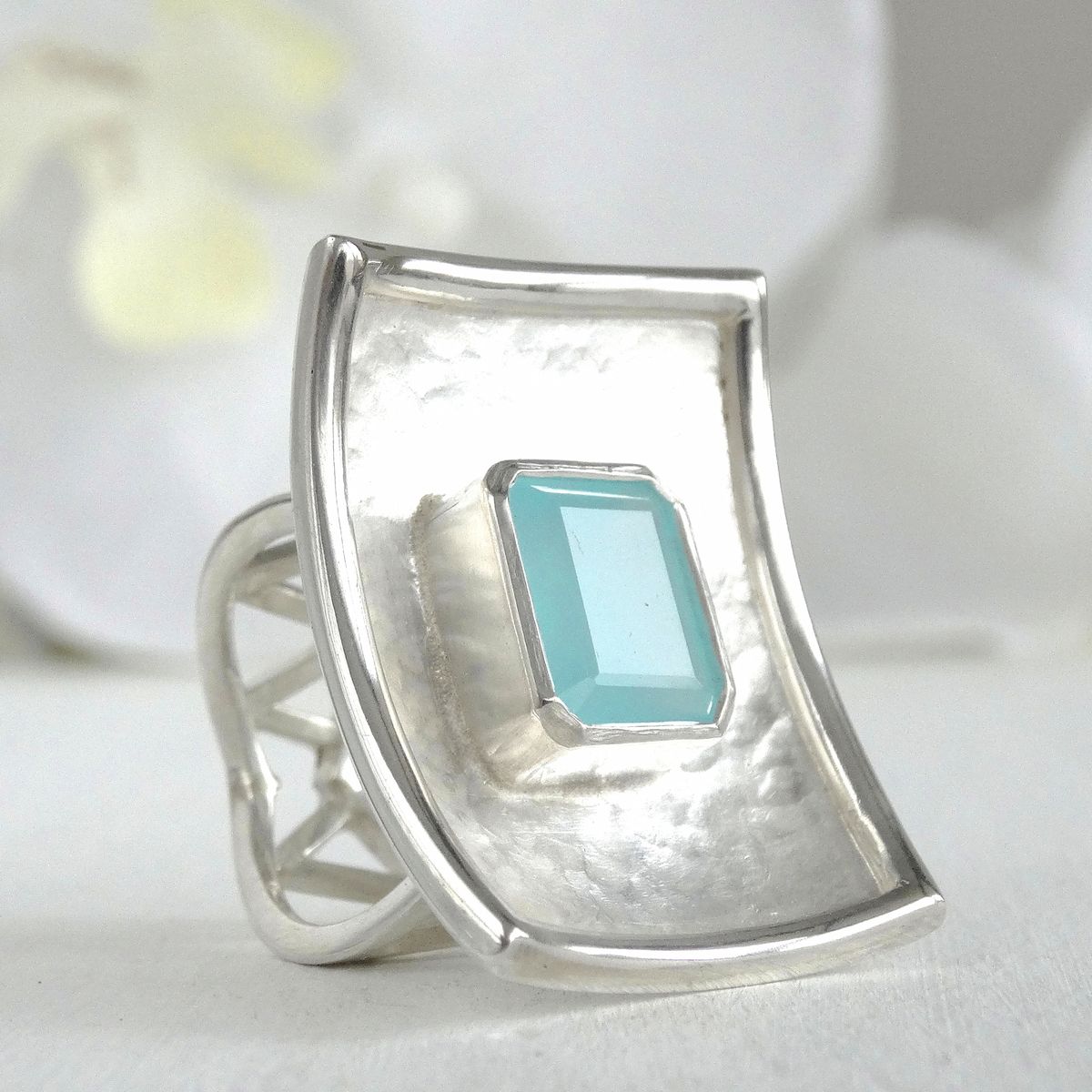 GENERICO - Anillo de Plata 950 Mujer Calcedonia Azul Maxi Rectangular