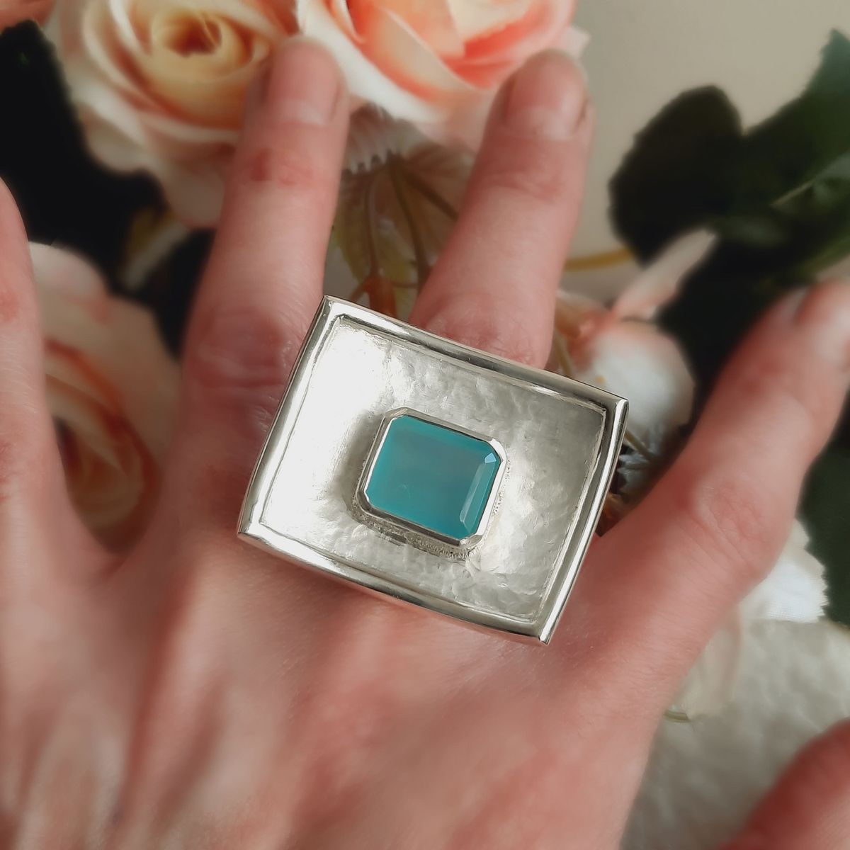 GENERICO - Anillo de Plata 950 Mujer Calcedonia Azul Maxi Rectangular