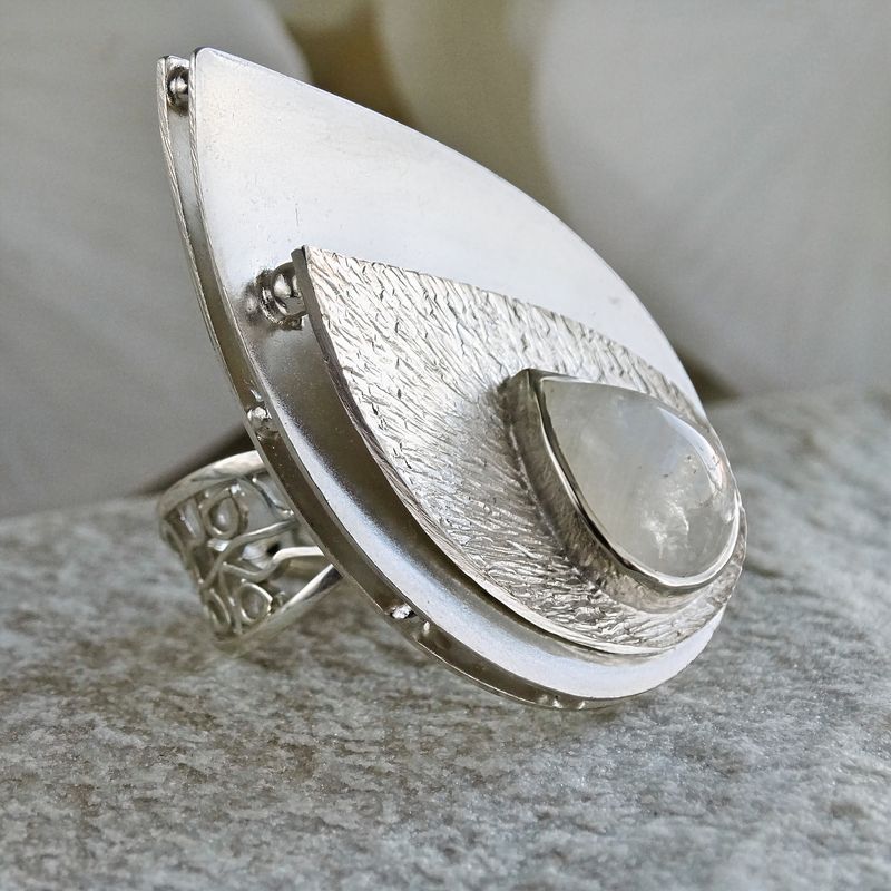 GENERICO - TALLA 13: Maxi anillo de plata 950 con piedraluna arcoiris mujer