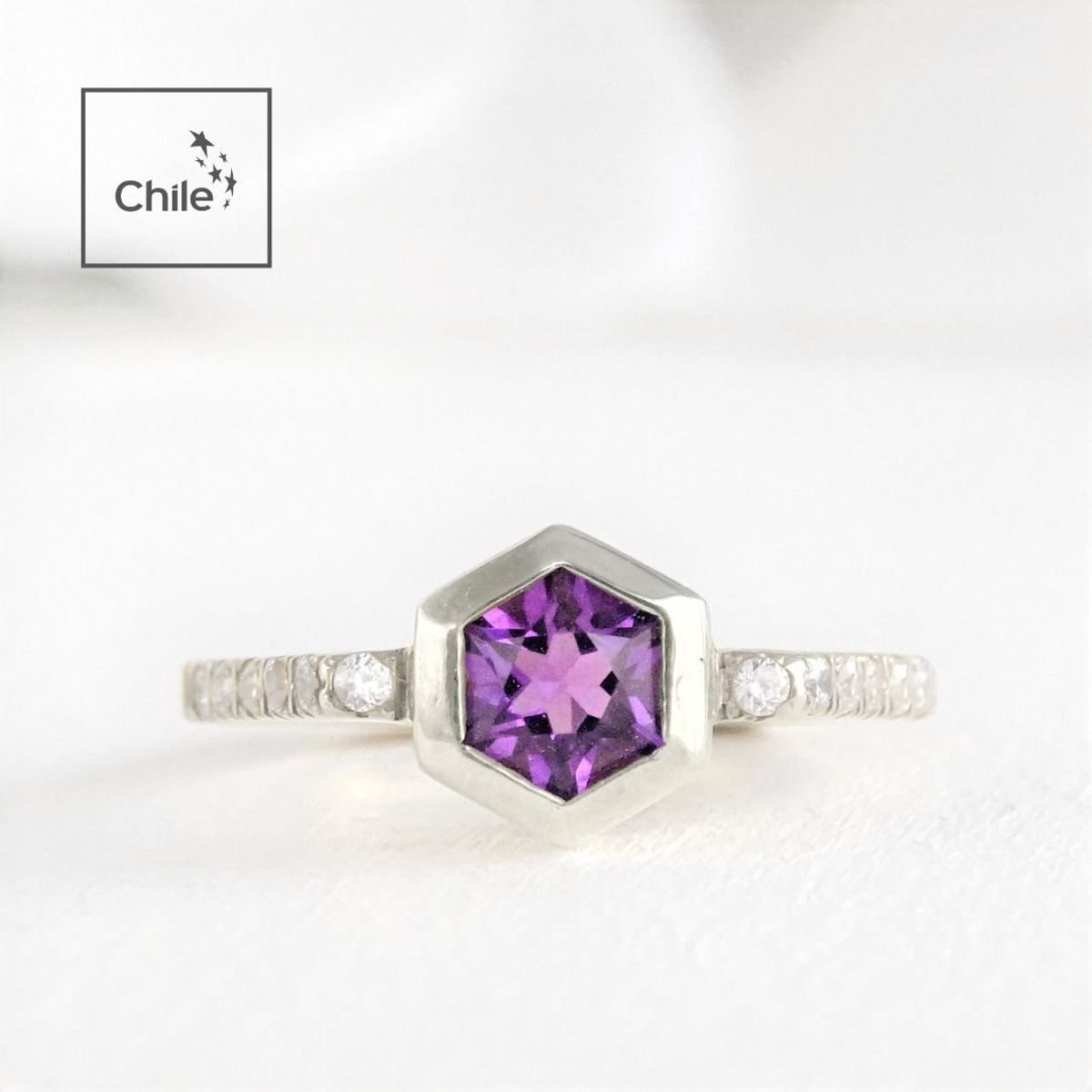 GENERICO - Anillo de Plata 950 Mujer Amatista Hexagonal con Circones