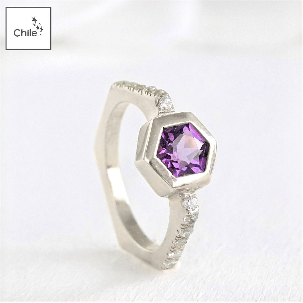 GENERICO - Anillo de Plata 950 Mujer Amatista Hexagonal con Circones