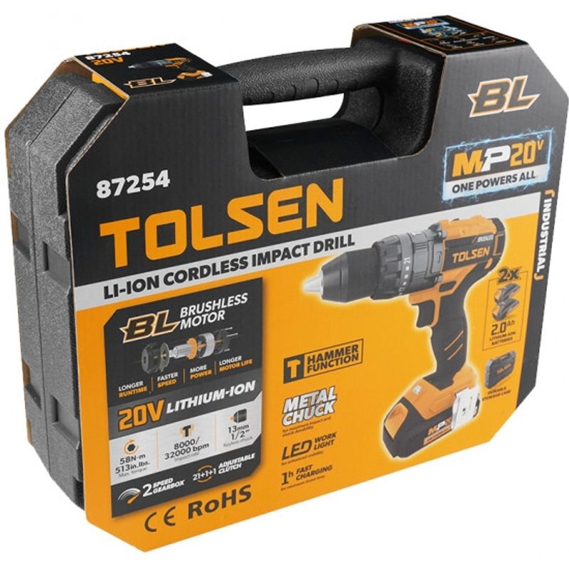 TOLSEN - TALADRO PERCUTOR PROF 20V 13MM + 2 BATERÍA MP20V