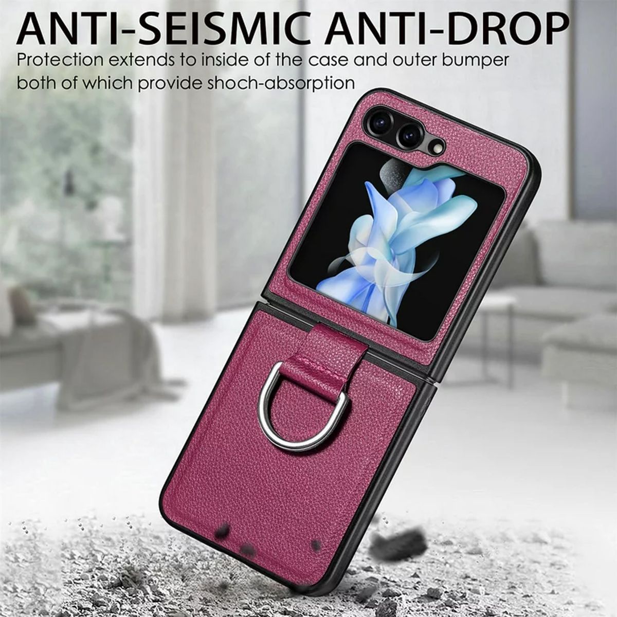 XUNDD - Carcasa para Samsung Z Flip 5 de Cuero con Anillo Premium