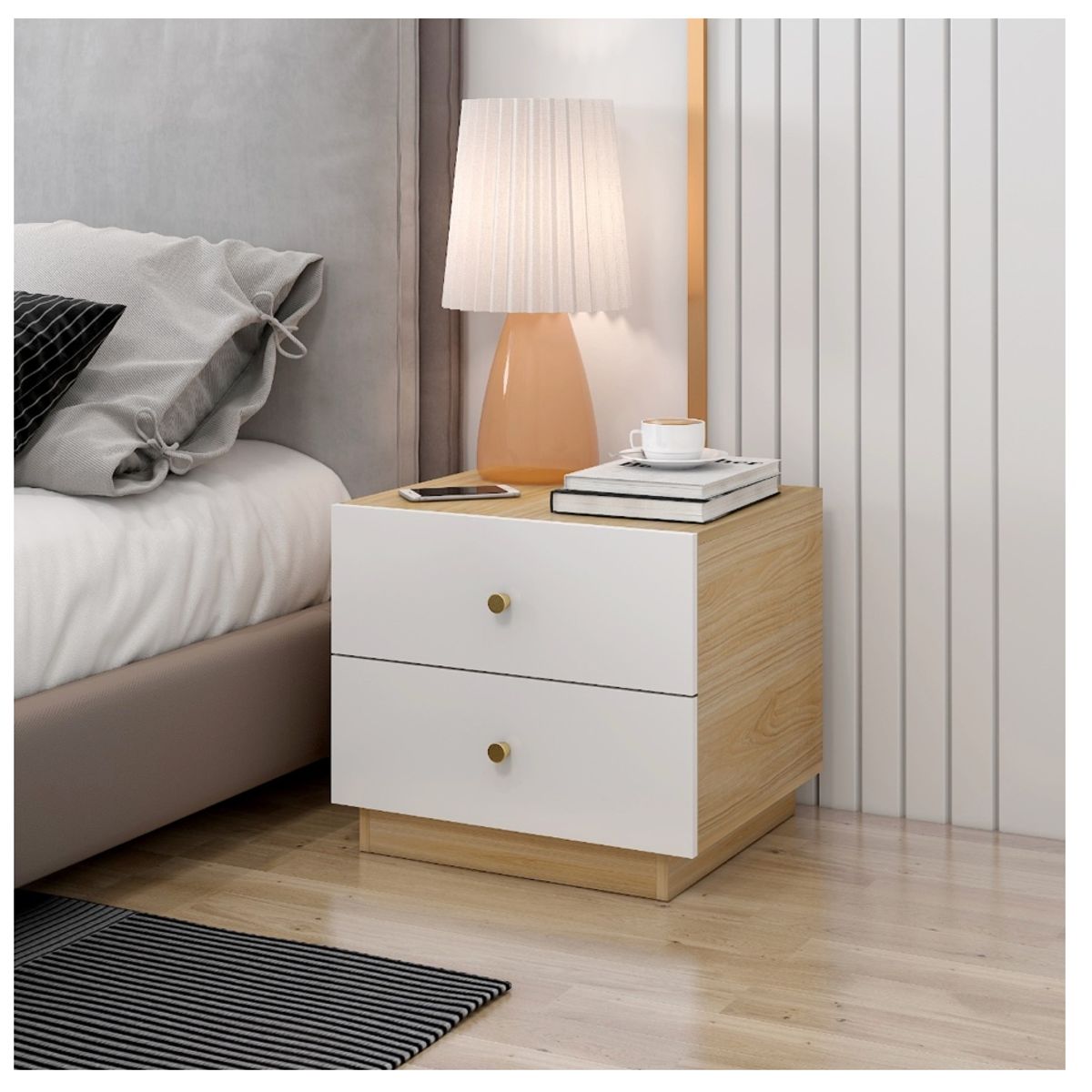 HOMER DESIGN - Velador 2 Niveles Con Cajon Mesita Moderno 50x42x47cm