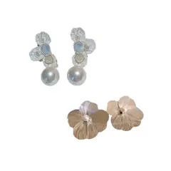 ZG JOYAS - Pack 2 Pares Aros Aretes Mujer Flor Perla Cristal Gala Boda