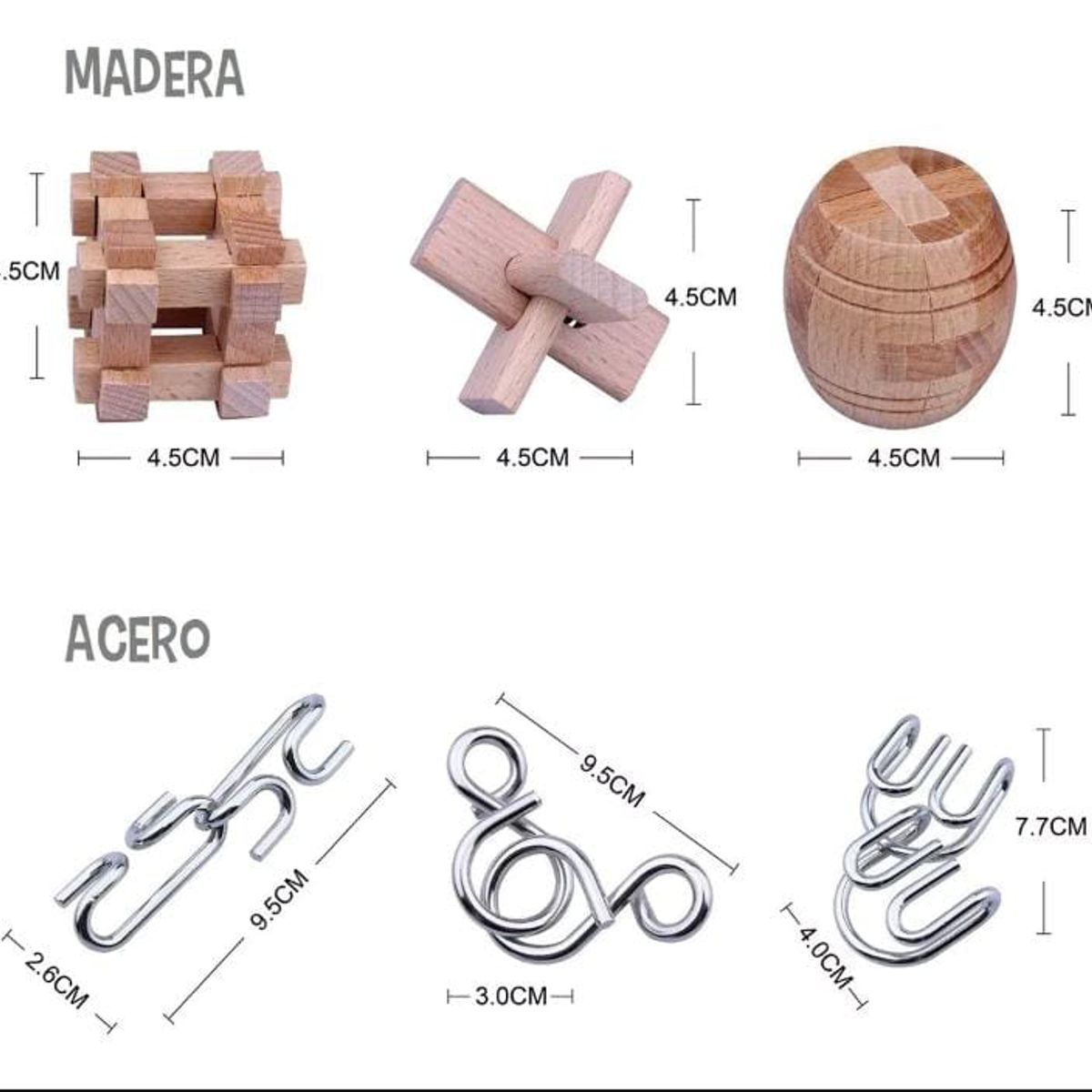 GENERICO - Rompecabezas de metal y juego de madera 3D 6 piezas.