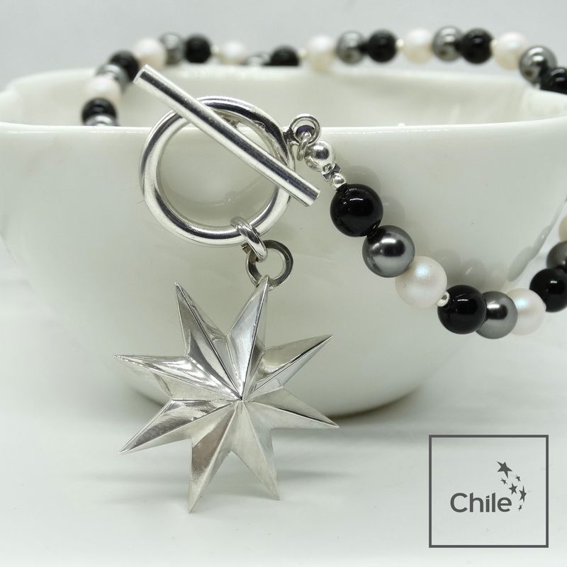 GENERICO - Colgante estrella ocho puntas de plata y collar con perlas Swarovski