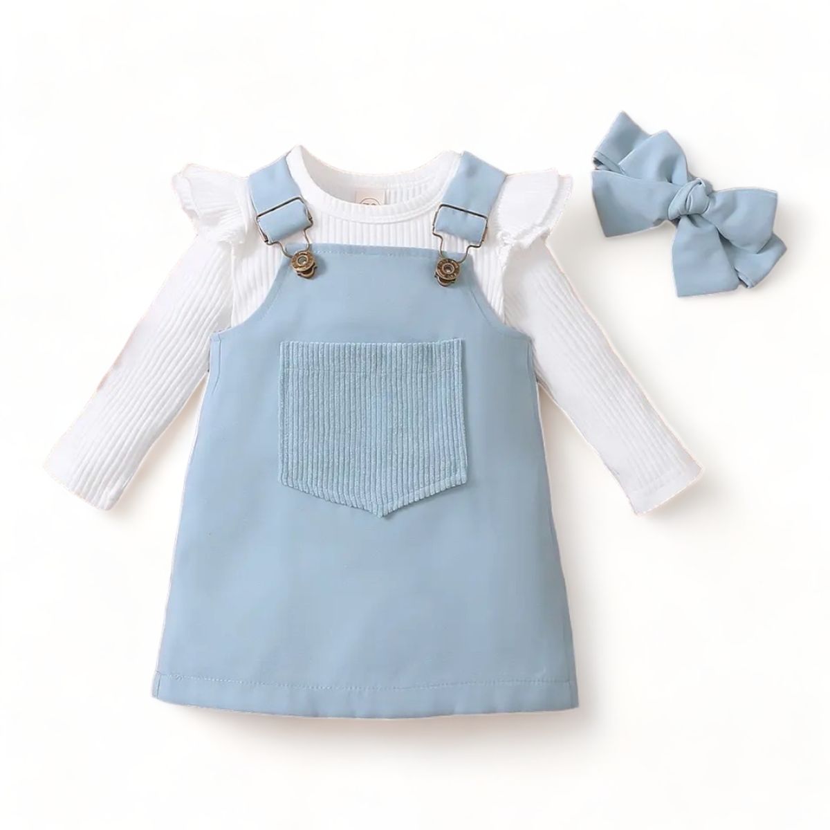 GENERICO - Conjunto Jardinera + Body + Lazo 3 Piezas Ropa Niña Color Celeste