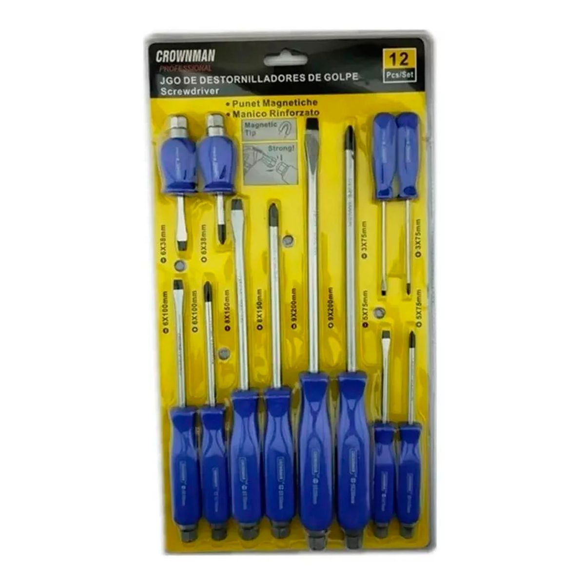 GENERICO - Set Destornilladores Golpe Punta Magnetica 12 Pieza Crownman